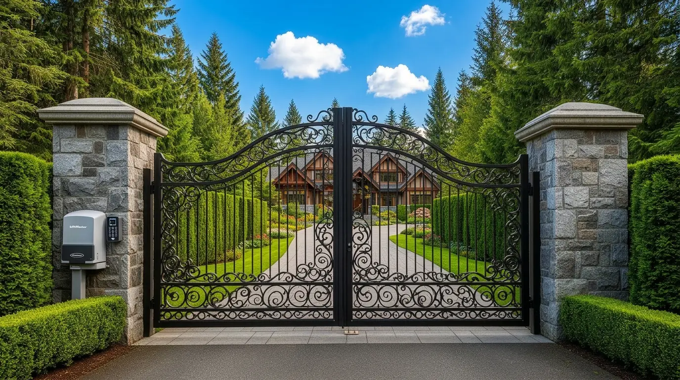 Custom automated iron entry gate with stone pillars and LiftMaster automation at a Pacific Northwest estate