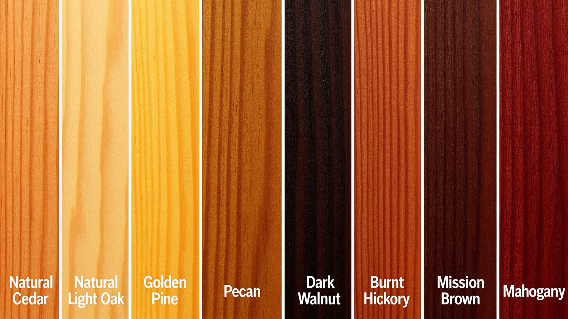 Ready Seal stain colors on cedar wood: Natural Cedar, Natural Light Oak, Golden Pine, Pecan, Dark Walnut, Burnt Hickory, Mission Brown, and Mahogany
