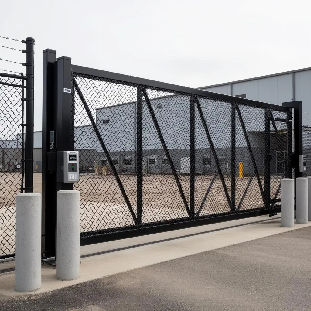 Black automated cantilever slide gate installed at a commercial building entrance in Western Washington