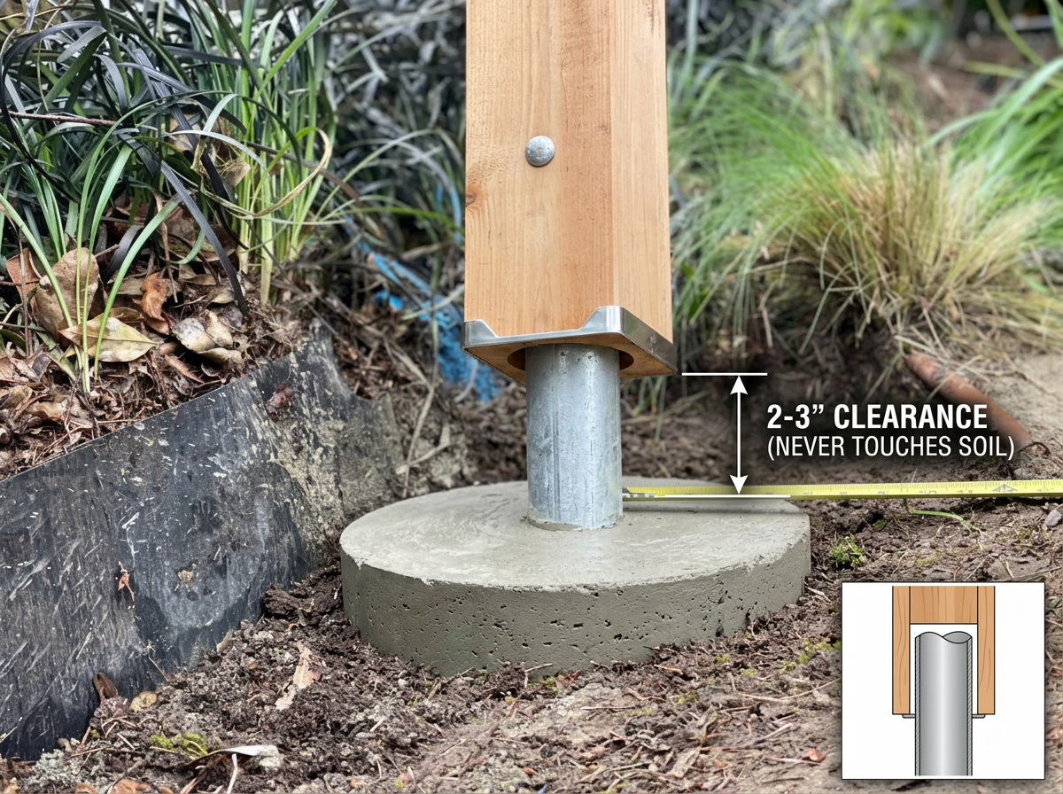 Metal post fence construction detail showing galvanized steel pipe inside cedar post